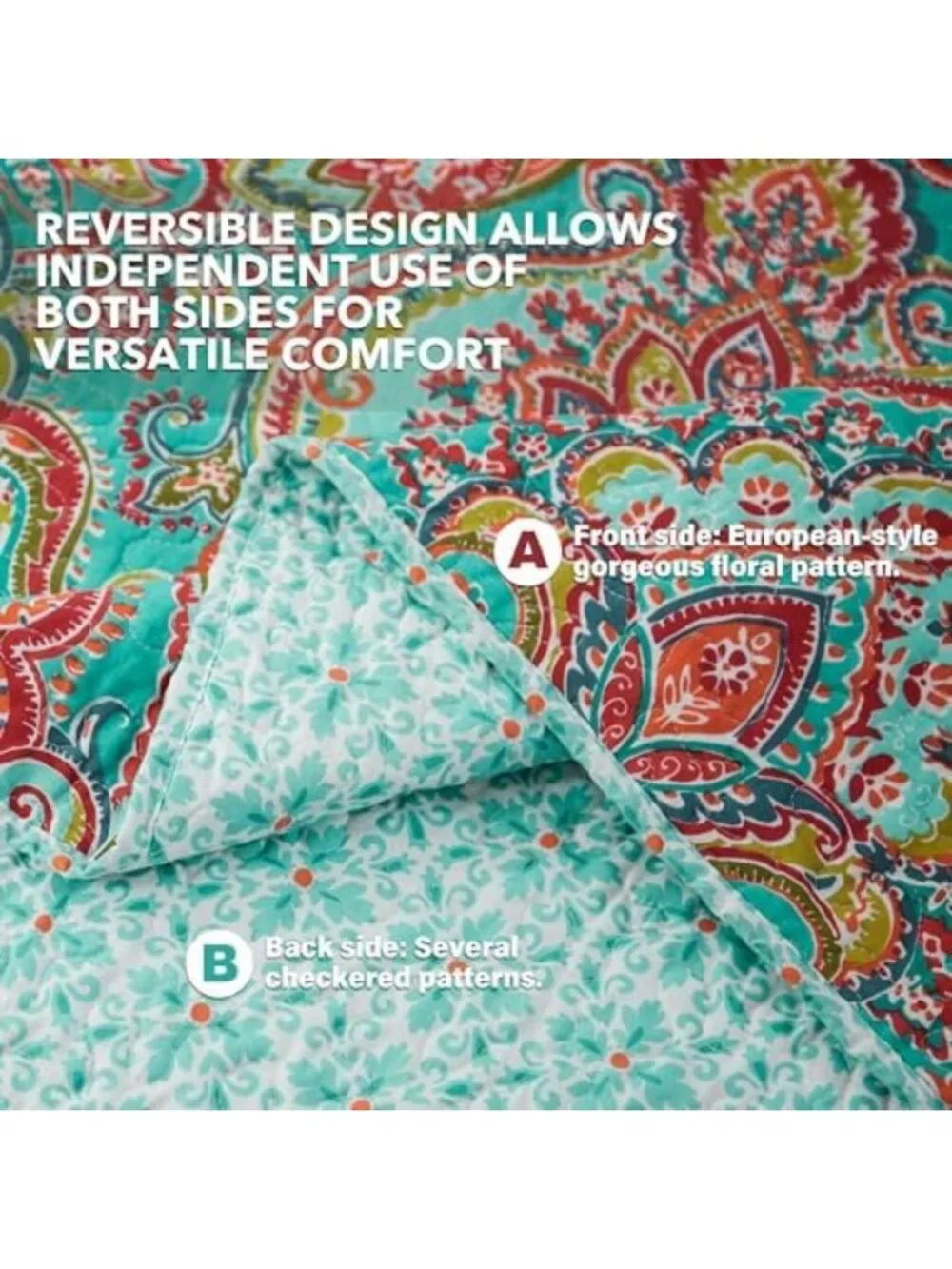Reversible Cotton Quilt Set - King Size Floral Patchwork Bedspread Coverlet